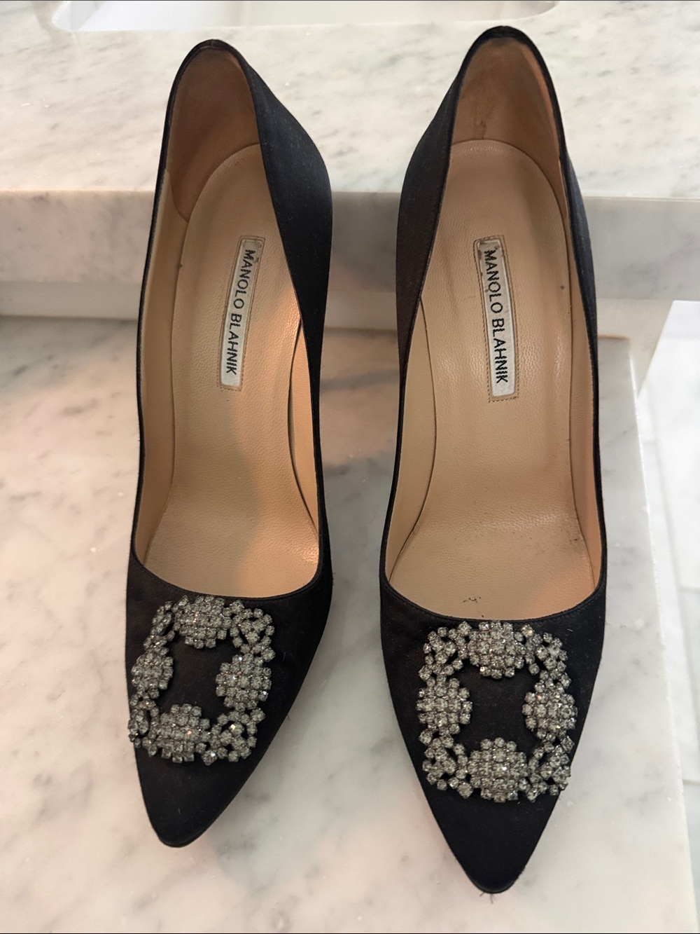 Manolo Blahnik Black Satin Crystal Buckle Pointed-Toe Pumps